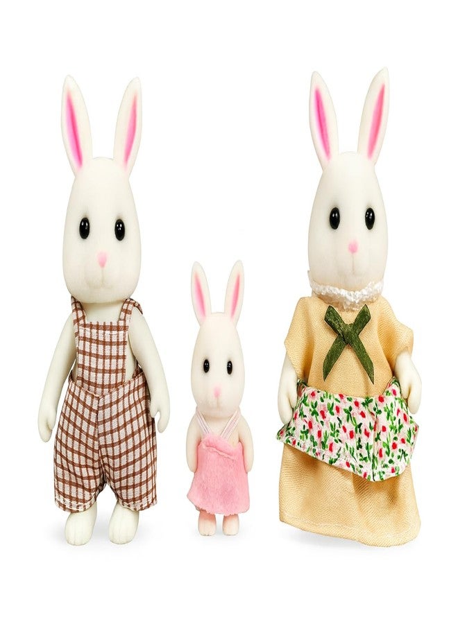 OLEOCA Family White Rabbit Figures - Set of 3 Collectible Flocked Mini Dolls with Removable Clothes, Miniature Dollhouse Pretend Play Figures for Kids Ages 3+ - Image 1